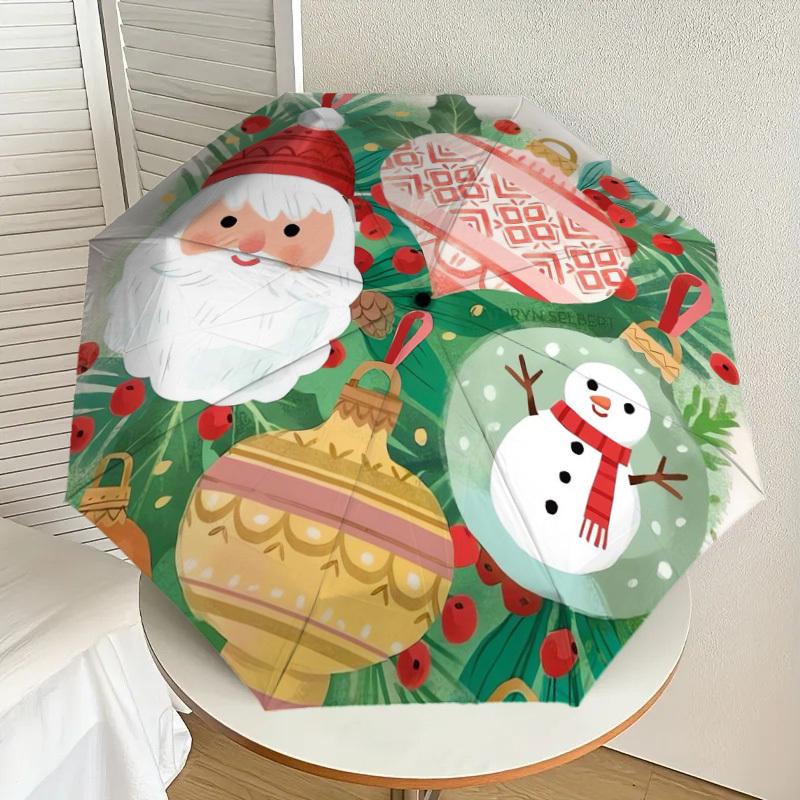 1pc Christmas ornaments and snowman illustration. Umbrella with Plastic Handle,Suitable for All Seasons Home Travel Outdoor UmbrellaDD226