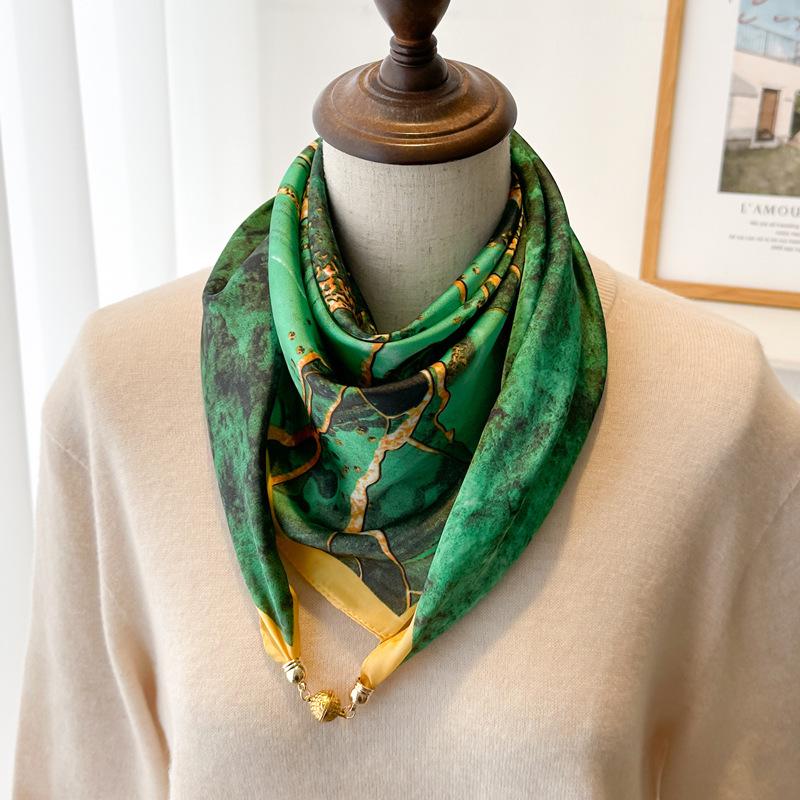 Magnetic Buckle Silk Neck Scarf: Triangle Design for Women, 70x70cm, Lightweight Spring/Summer/Autumn Accessory