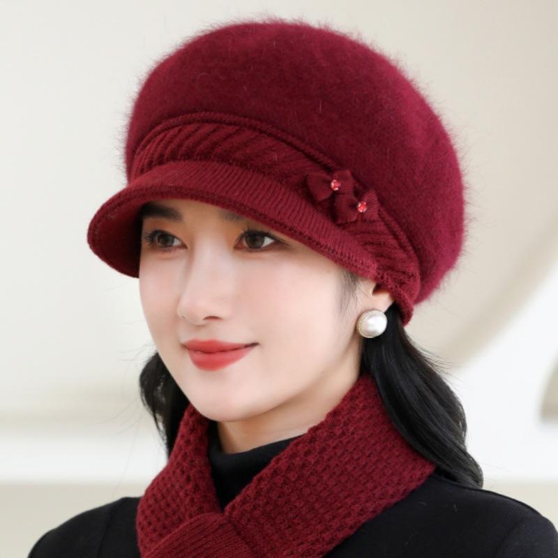 Elegant Winter Beanie for Women - Cozy Knit with Floral Accent, Perfect for Middle-Aged & Elderly, Stretch Fit, Hand Washable