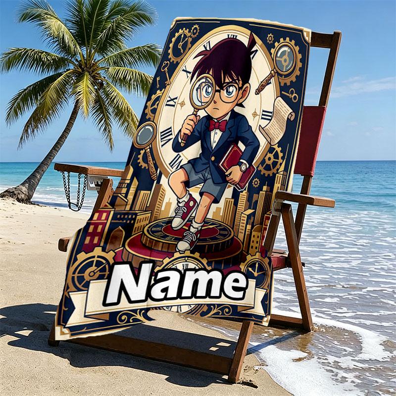 Custom Name Personalized Detective Conan Print Beach Towel, for Trip Camping Beach Party Home Decor, Birthday Gift for Family & Friends
