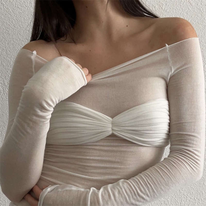 Длинные рукава Легкая женская одежда Один воротник Легкая перспектива Нежный стиль SLIM