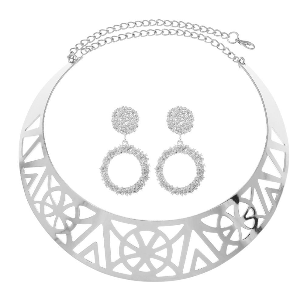 Solid Fashion Color Hollow Design Women Metal Necklace Collar Round Earring Set