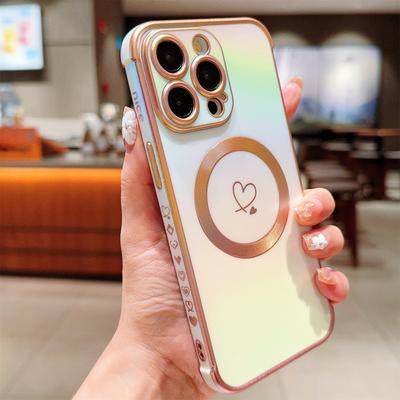 Чехол для iPhone 14 Pro Max Магнитный Электроplated ТПУ Чехол для телефона Узор Сердце