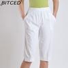BITCED Летние женские брюки прямого кроя с эластичной талией, для женщин среднего и пожилого возраста, с высокой посадкой, из стираного хлопка, укороченные брюки больших размеров