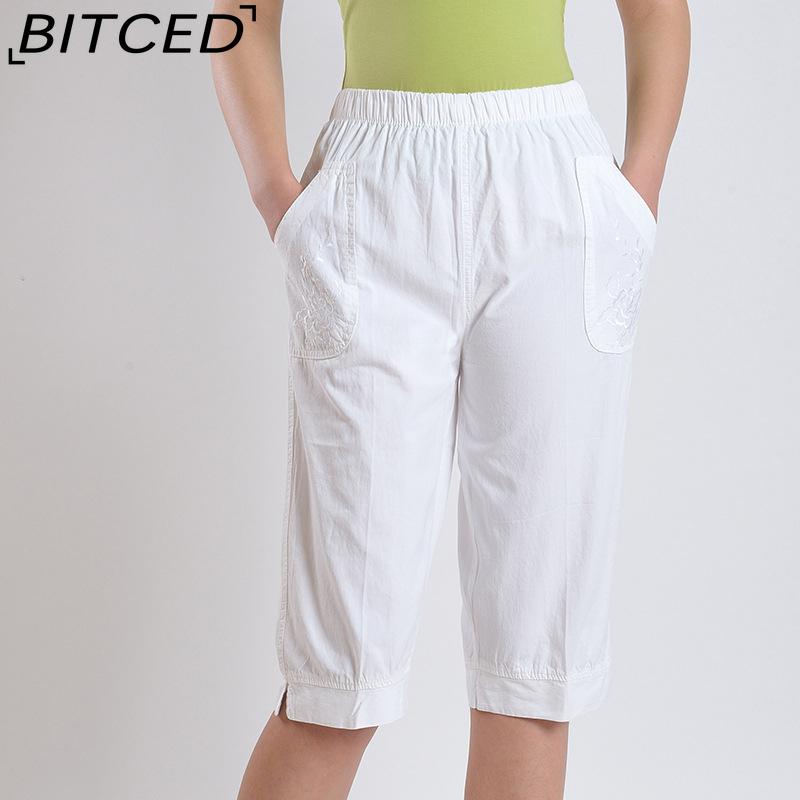 BITCED Летние женские брюки прямого кроя с эластичной талией, для женщин среднего и пожилого возраста, с высокой посадкой, из стираного хлопка, укороченные брюки больших размеров