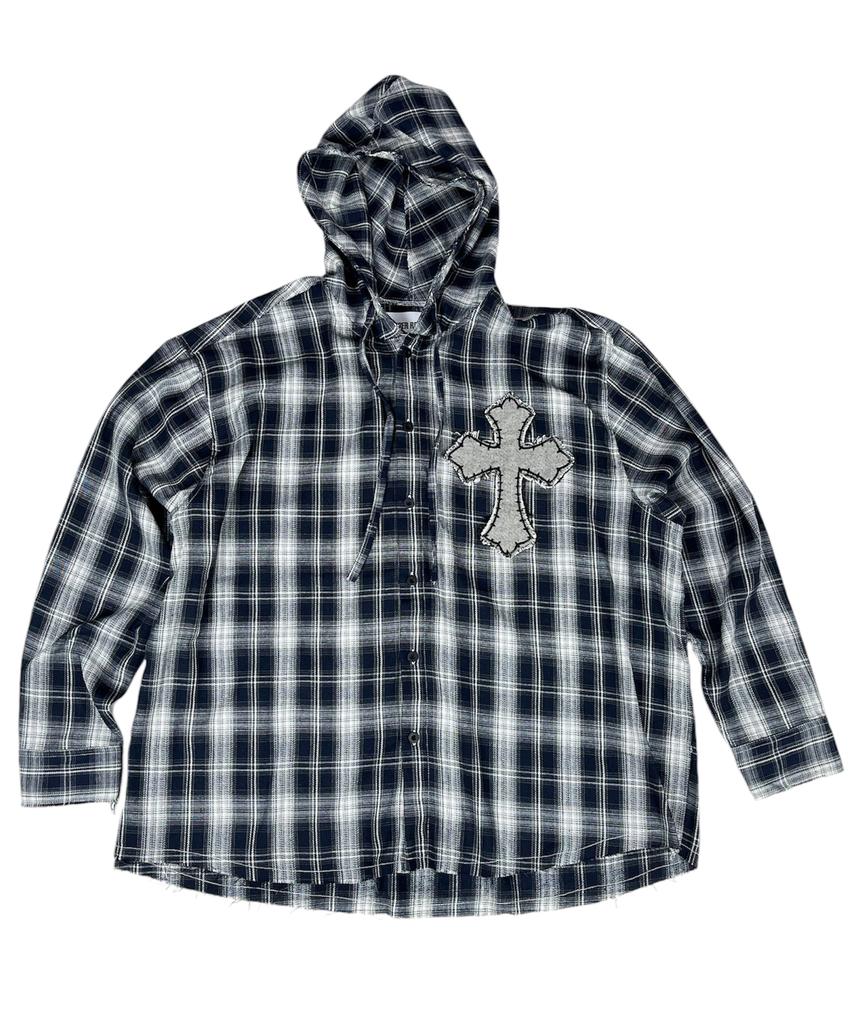 SK8ER ROCK Cross Cut-Off Tartan Check Hoodie Shirt ((Navy))