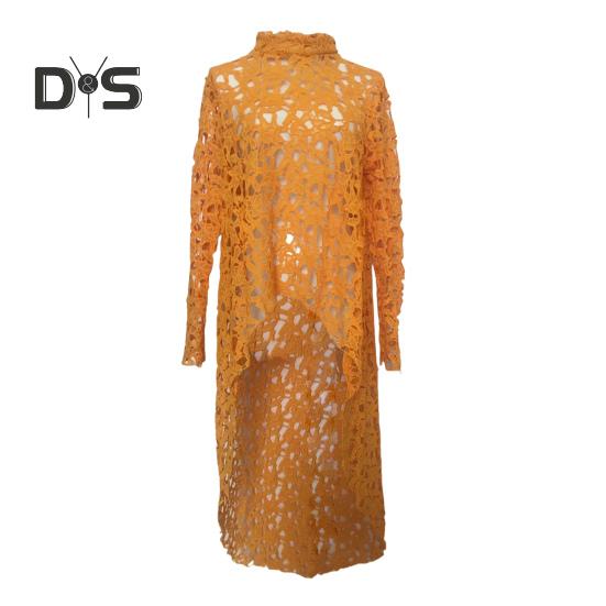 Женское длинное платье с вырезом сверху, нерегулярным вязанием крючком, кружевом, цветочным узором, прозрачной короткой передней частью и длинной задней частью, с полувысоким воротником и длинными рукавами