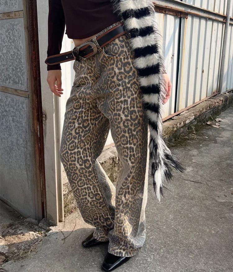 Vintage Leopard Print Jeans Baggy Women Hip Hop Streetwear Y2k Denim Trousers Grunge Aesthetic Wide Leg Jeans Oversized