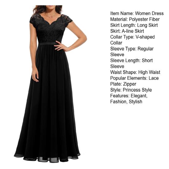 Women's Lace V-Neck Evening Dress Long A-Line Chiffon Bridesmaid Dress Mother of The Bride Wedding Guest Maxi Dress for Party Prom