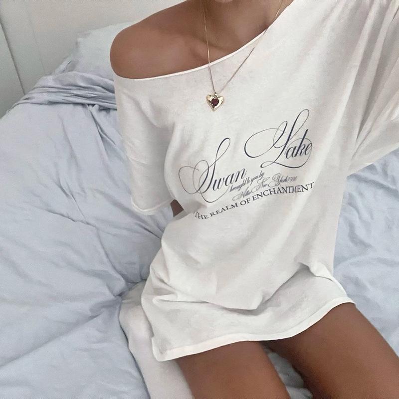 Y2k Aesthetic Casual Off Shoulder T-shirt Loose Letter Printing Harajuku Tshirts Grunge Vintage Streetwear Oversized Tee Shirts