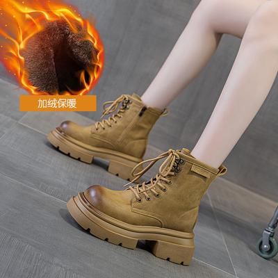 Кожаные ботинки Мартин на толстой подошве женские 2025 осень новые повседневные модные универсальные ретро короткие ботинки большая голова средние женские ботинки