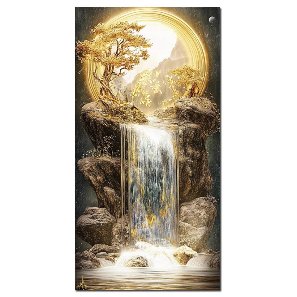 New Arrivals 5D Diamond Painting Art Golden Waterfall Tree Moon Landscape Picture Full Diamond Mosaic Embroidery Rhinestone