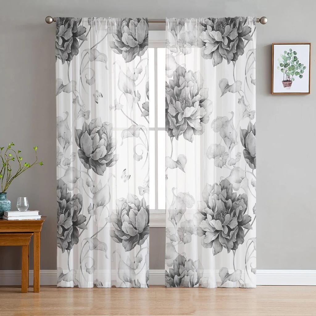 Pink Watercolor Flowers Retro Window Tulle Curtains for Living Room Bedroom Hotel Luxury Decoration Sheer Curtains