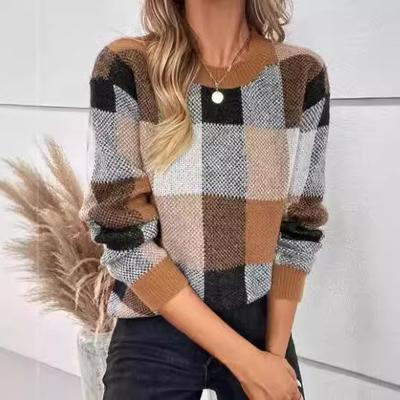 Женский пуловер с круглым вырезом, клетчатый, свободного кроя, модный, вязаный, роскошный, расслабленной посадки, стройнящий и универсальный топ