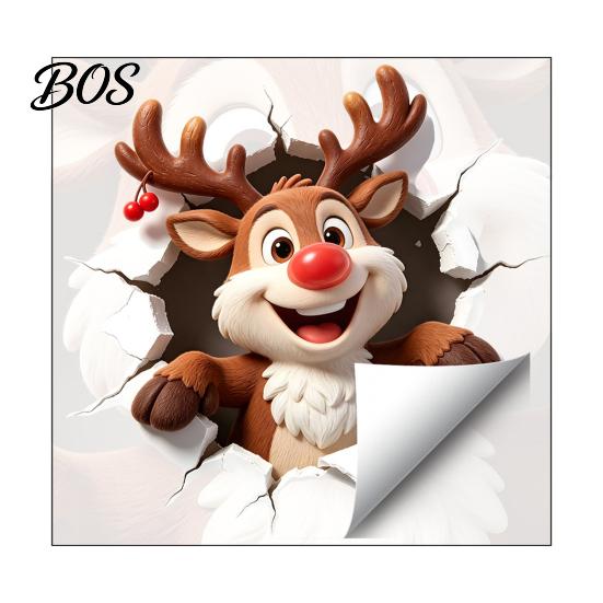 Durable PVC Wall Stickers Christmas Reindeer Decal, 3D Hole Illusion Red Nose Rudolph Sticker, Cute Mural Peel And Stick Waterproof Decor for