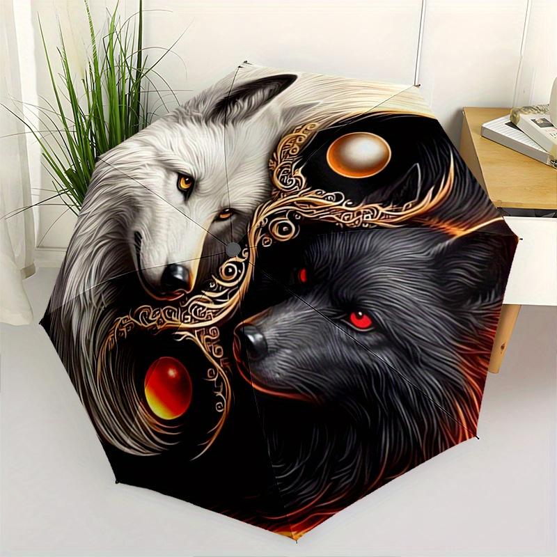 Wolf Yin Yang Automatic Folding Umbrella 8 Ribs, Durable Iron Frame, Bright Color Pattern Compact Travel Umbrella, Suitable for Outdoor, Be
