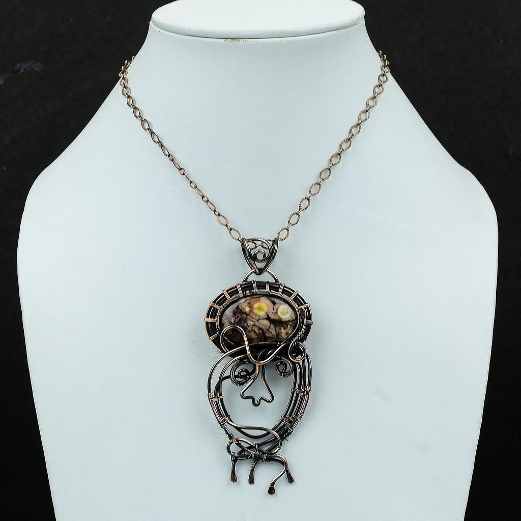 Пейзажная Яшма Медный Кулон Кулон, Оплетенный Проволокой Ручной Работы Медные Украшения Оригинальный Кулон с Драгоценным Камнем Уникальные Украшения из Проволоки Подарок для Нее