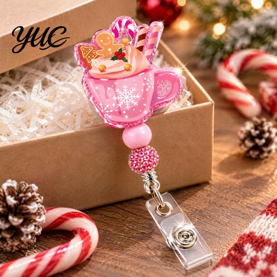 Work ID Card Reel Christmas Retractable Badge Reel, 360 Degree Smooth Rotating Clip, Teacher Waterproof Acrylic Holder for Cards And Keys Id Clip