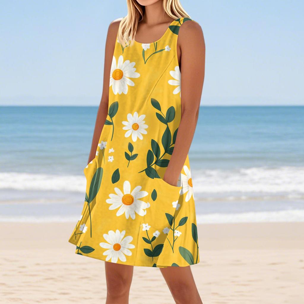 Женское повседневное и модное платье средней длины с круглым вырезом и без рукавов с принтом