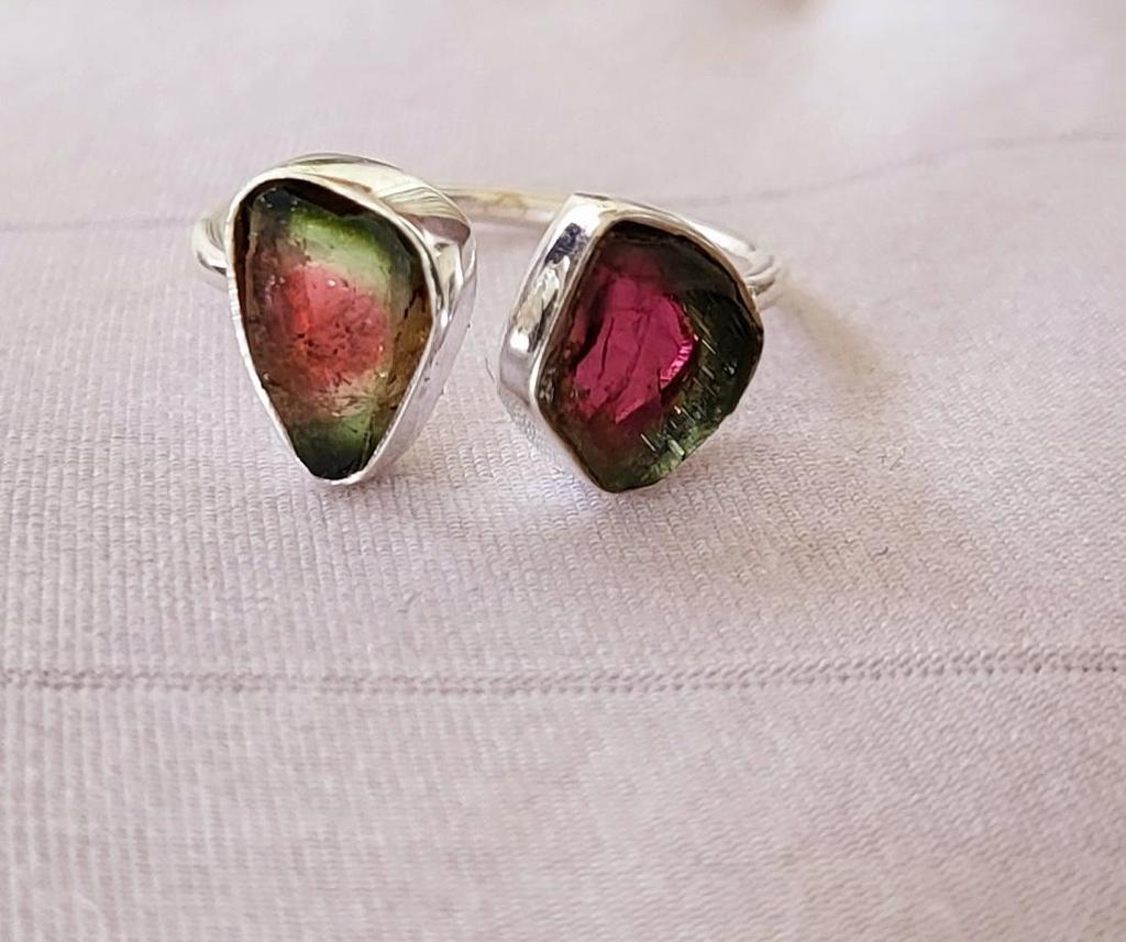 Natural Two Raw Watermelon Tourmaline 925 Sterling Silver Ring 7 US Gift, A 52