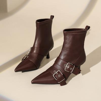 Модные винтажные ботильоны-стилетто Осень Новые Острый носок Металлическая пряжка Застежка-молния сзади Противоскользящие Износостойкие Каблуки