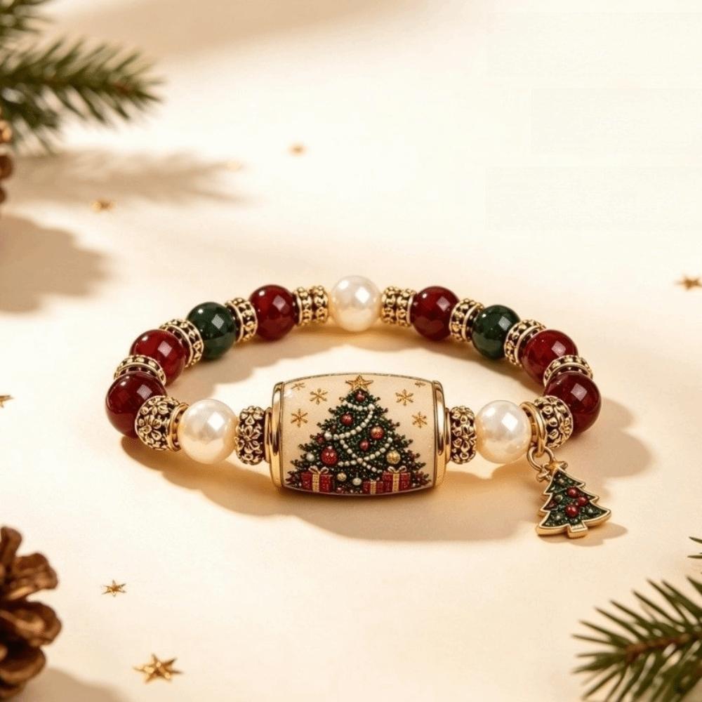 Santa Claus Christmas Bracelet Crystal Pearl Women Bangle Christmas Themed Beaded Bracelet  Girl