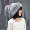 Winter Mink Fur Knitted Wool Hat for Women Fox Fur Pompom Slouchy Beanie Fashion Warm Style Cap Baggy Crochet Hat