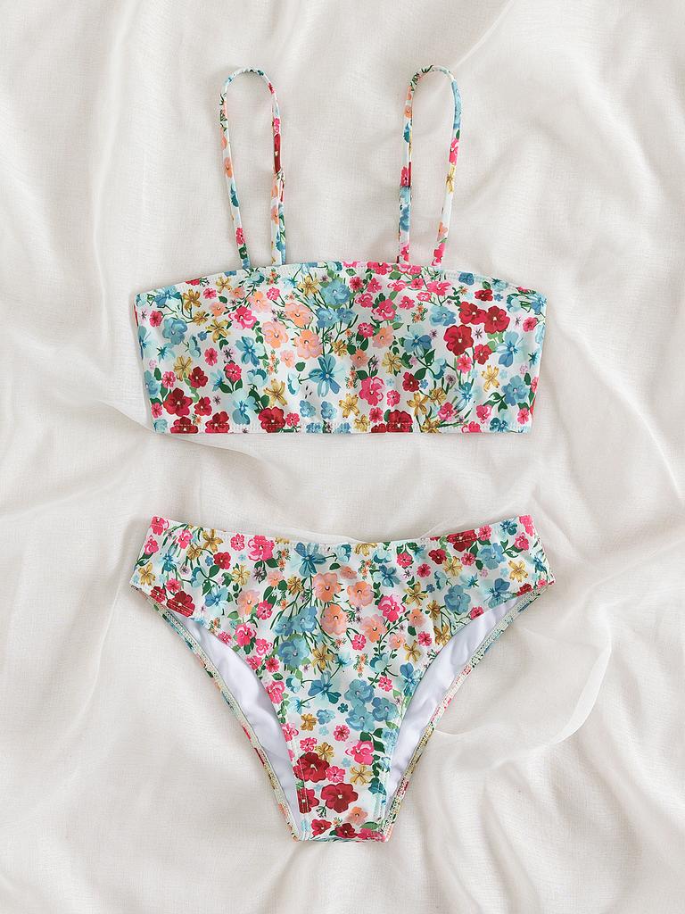 Комплект бикини бандо с цветочным принтом, купальник с открытыми плечами пуш-ап, женский купальник с топом-трубой, бикини с узлом, купальник 2025, сексуальный летний купальник