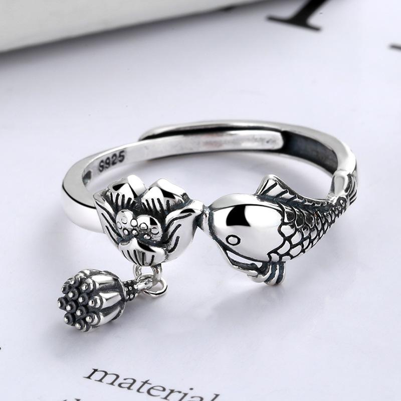 Lucky Fortune Koi Fish Ring, Ethnic Style, Abundant Fortune, Vintage Lotus Pod Open Ring, Direct Sale