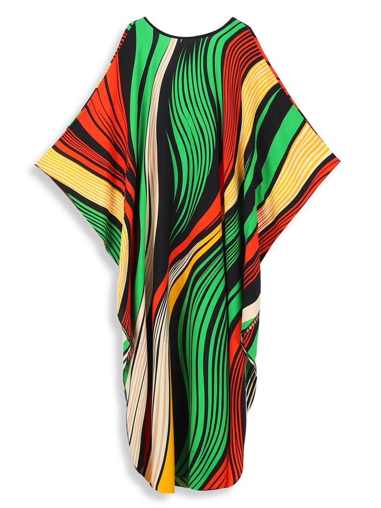 EDOLYNSA Boho Women's Plus Size Kaftan Beach Maxi Dress Summer Striped Print Beachwear Swimsuit Cover Up V-neck Loose House Dresses Q1628