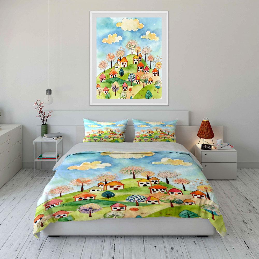 Houses, trees, hills, clouds. Bedding sets Duvet cover sets Duvet covers Pillowcases(1 * Duvet Cover 2 * Pillowcases without duvet insert)