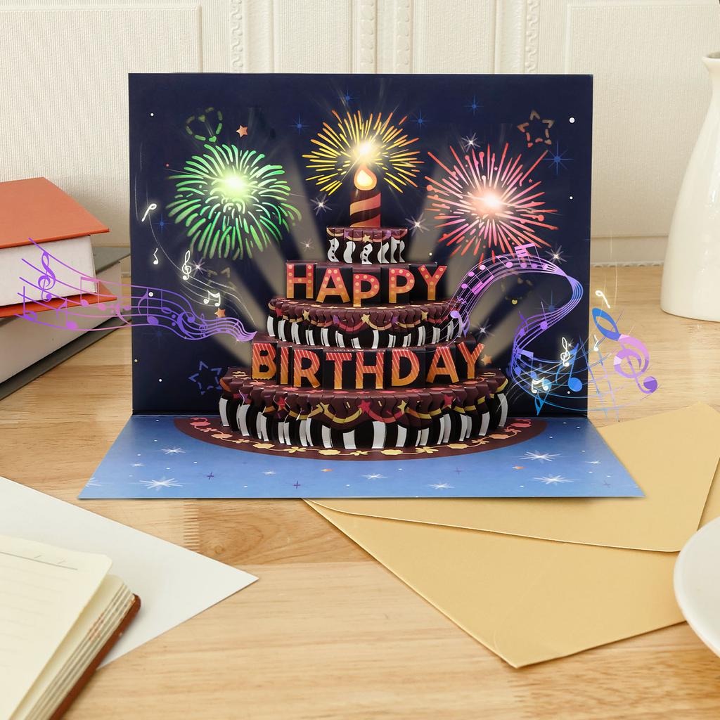3D Light Music Birthday Card Pop Up Cake Creative Greeting Card Happy Birthday Party Gift Message Cards with Envelope for Kids