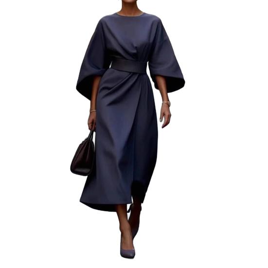 Lady Midi Dress Three Quarter Dolman Sleeves Slim High Waist Solid Color Round Neck Long Dress Summer Spring Prom Party Dating Dress