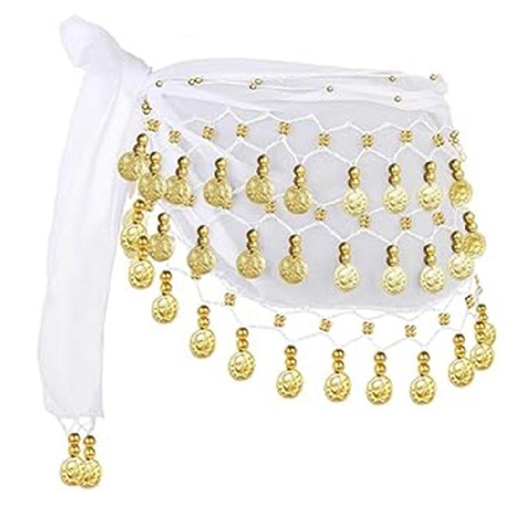 Женский набор аксессуаров для танца живота с hip scarf (пояс-шарф с монетками), золотой повязкой на голову, ожерельем, серьгами и браслетами для танца живота