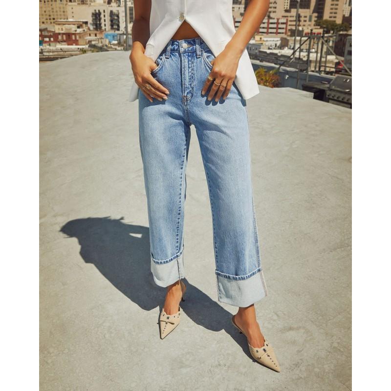Womens High-Waisted Straight Leg Denim Jeans With Rolled Cuffs Vintage Wash Mid-Stretch Cotton Blend