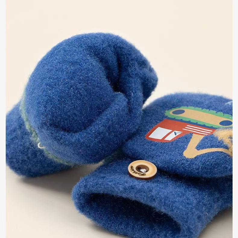 Мультяшные зимние перчатки для мальчика, милые экскаваторные толстые теплые детские варежки с полупальцами, ветрозащитные детские перчатки для отдыха на природе