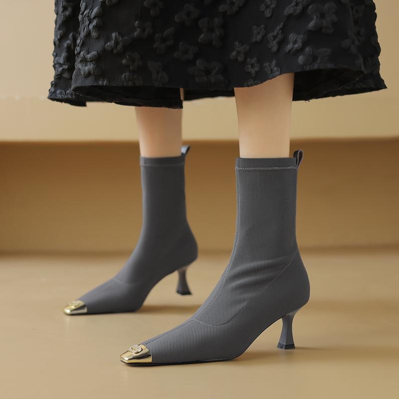 Модные женские новые осенне-зимние металлические туфли-лодочки с квадратным носком и стразами на высоком каблуке, удобные дышащие эластичные полусапожки большого размера до икры