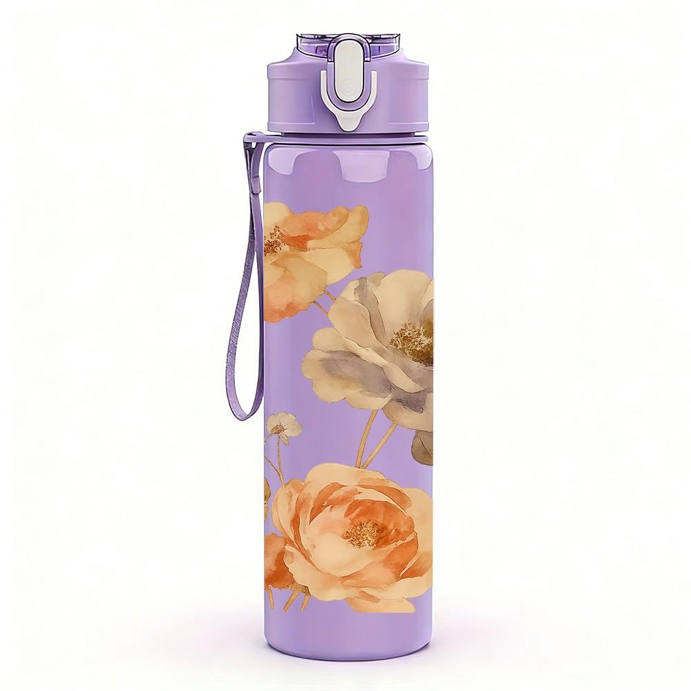 1PC Vintage Brown Rose Floral Print 750ml Color Plastic Sports Water Bottle Leakproof Flip Straw Lid Suitable for Sports Office Home Use