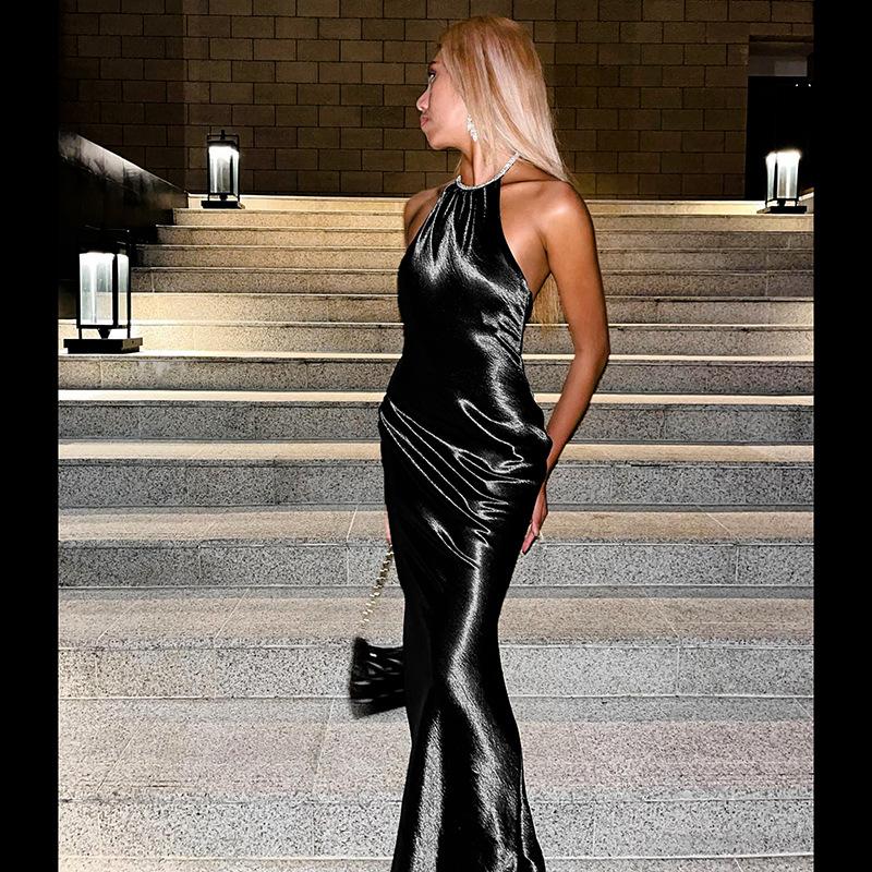 Street-style Satin Halter Dress Summer Sexy Fanny Pack Hip Dress