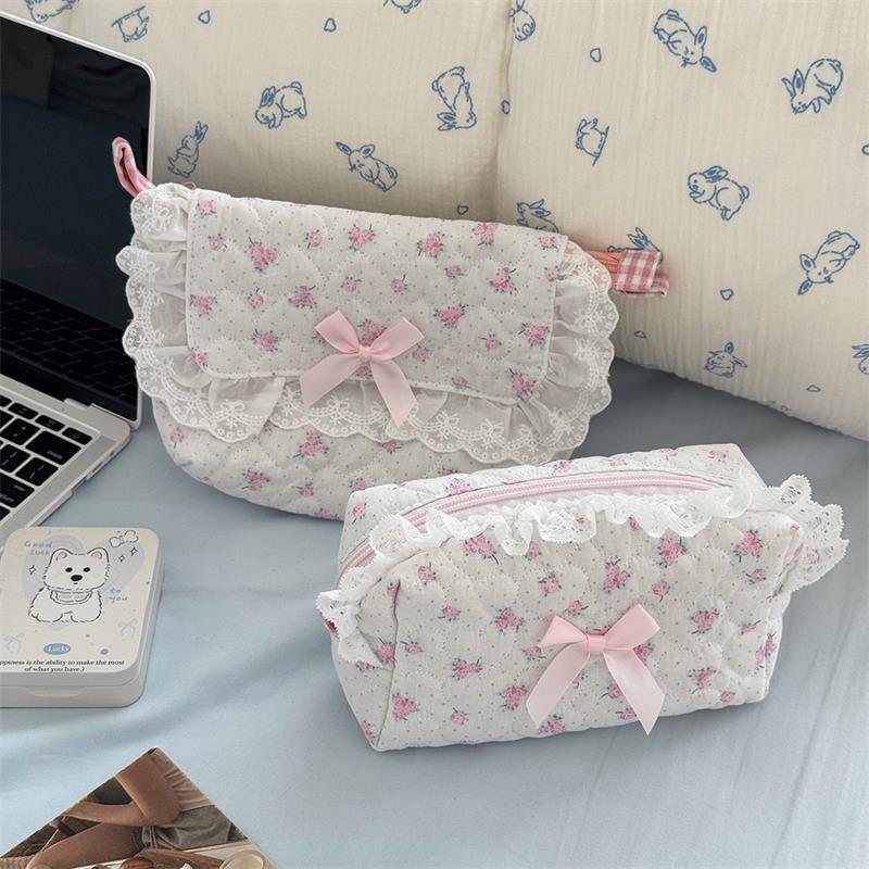 Милый медвежонок, сладкое сердце, бант, розовое кружево, косметичка, большая вместимость, портативная дорожная сумка для хранения, женский клатч, девчачьи косметички