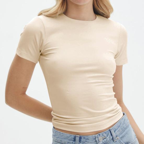 Женская базовая футболка, однотонные топы с коротким рукавом, облегающая эластичная футболка с круглым вырезом