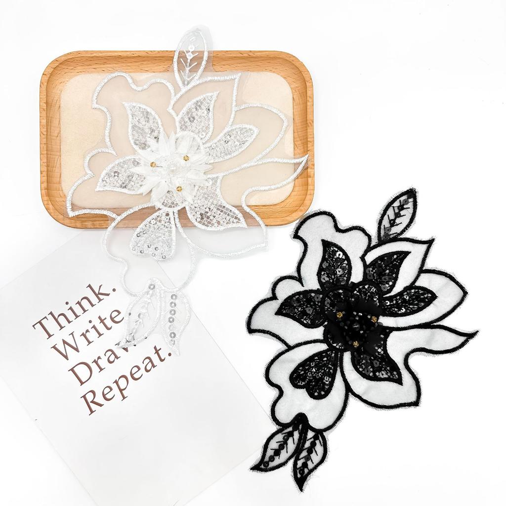 Однотонная сетчатая вышивка с пайетками, тканевая наклейка с цветком, аппликация тяжелой промышленности, декоративное кружево для одежды