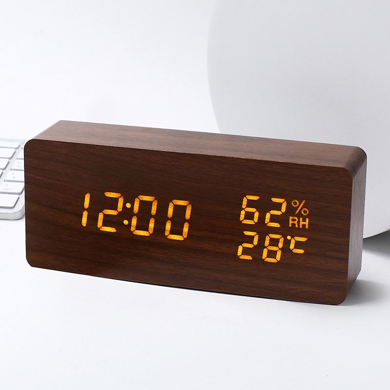 Intelligent Voice Controlled Temperature and Humidity Meter Wooden Clock Triangle Electronic Digital Clock Wooden Temperature and Humidity Alarm Clock