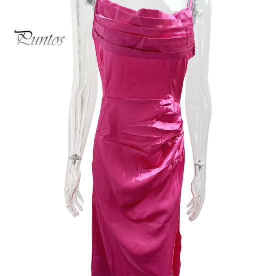 Женское вечернее платье с разрезом по бокам, плиссированное, с открытой спиной, облегающее платье макси на тонких бретельках, с глубоким вырезом, без рукавов, платье-комбинация А-силуэта для свадебного банкета