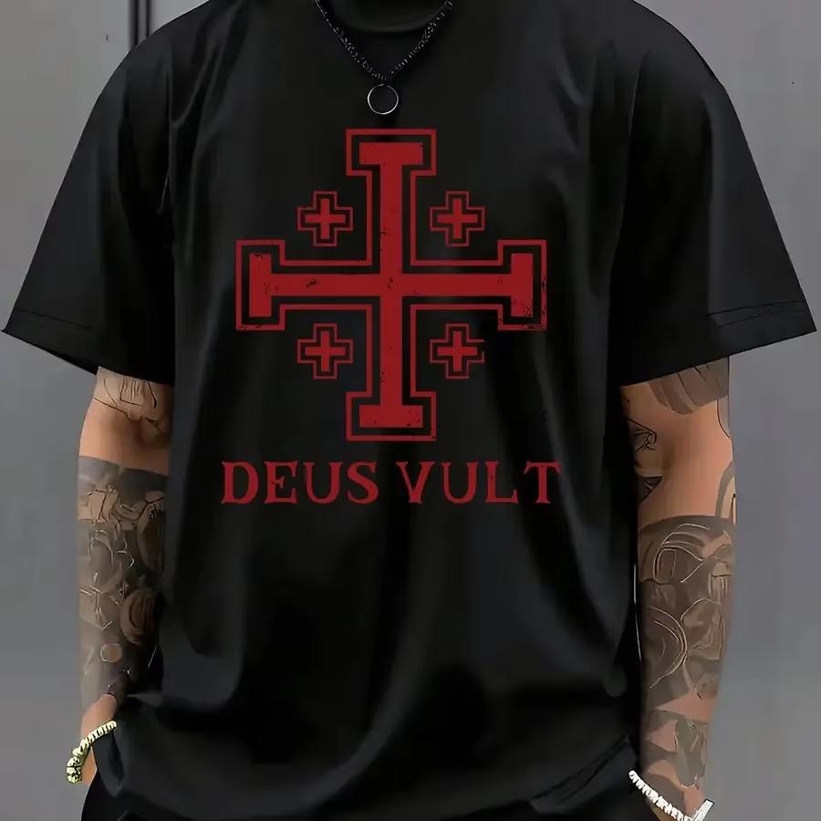 Мужская футболка Deus Vult с крестом Иерусалима, средневековая, с графикой крестоносца, повседневная, с коротким рукавом, с круглым вырезом, историческая, с символом веры, уличная одежда