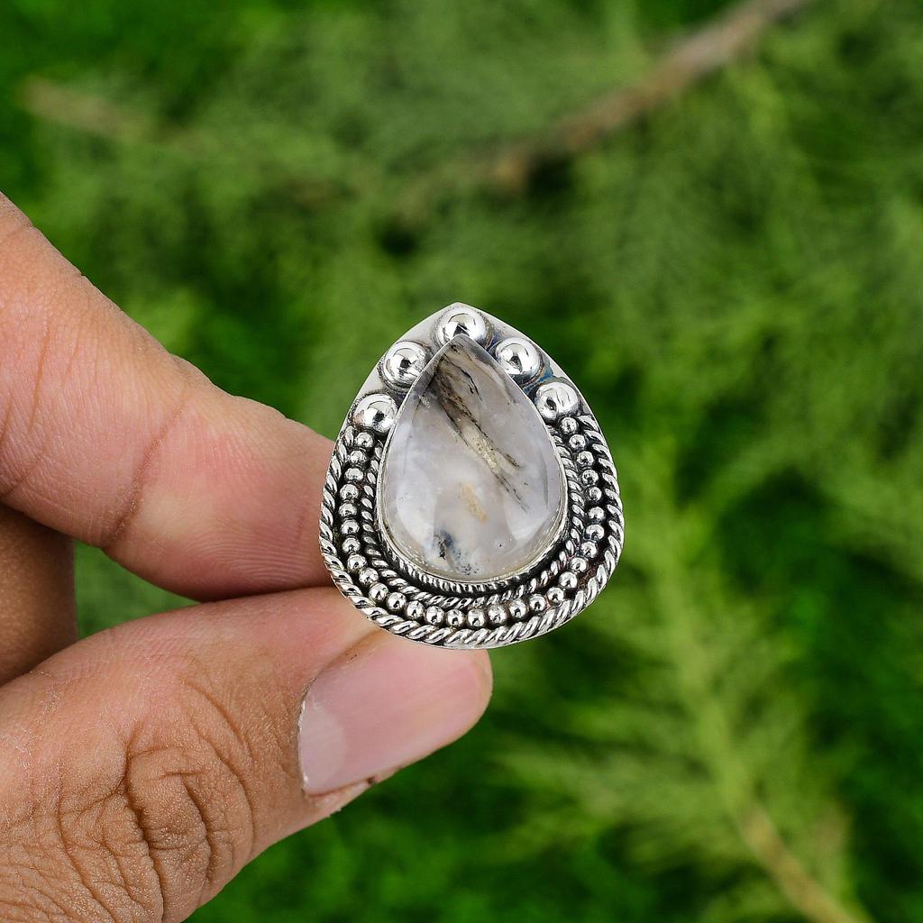 Sterling Silver Plume Agate Gemstone Statement Birthday Stackable Ring Jewelry
