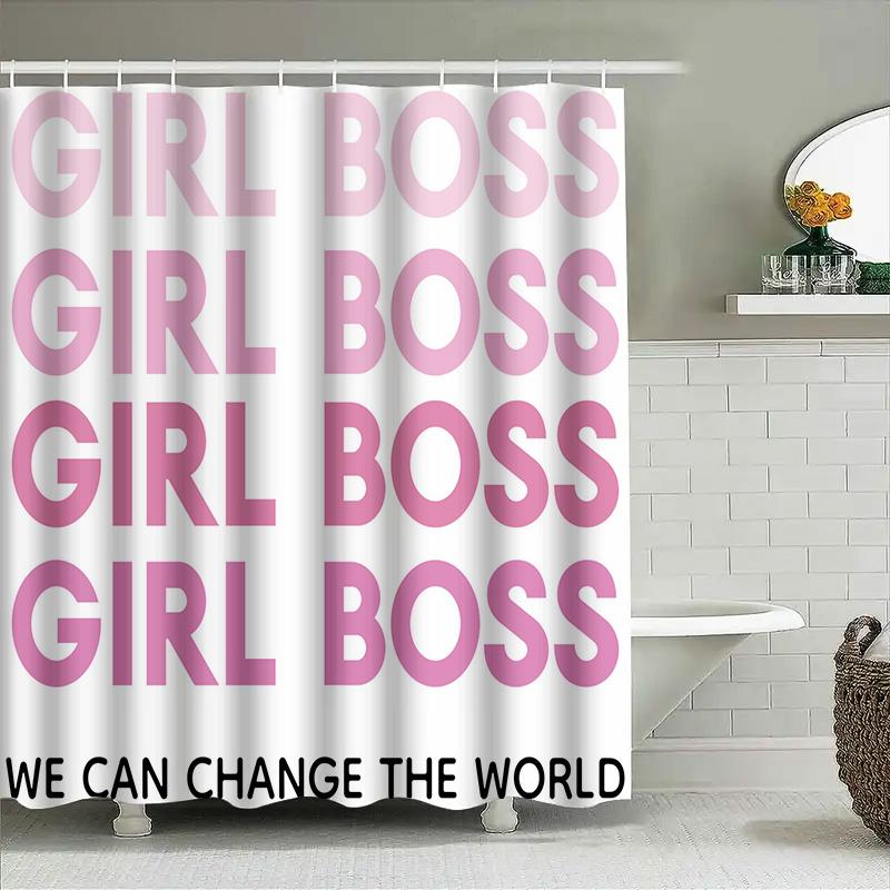 Chic Girl Boss Shower Curtain Set For Bath Decor Gradient Pink Typography Design Durable Fabric Material With Hooks Included