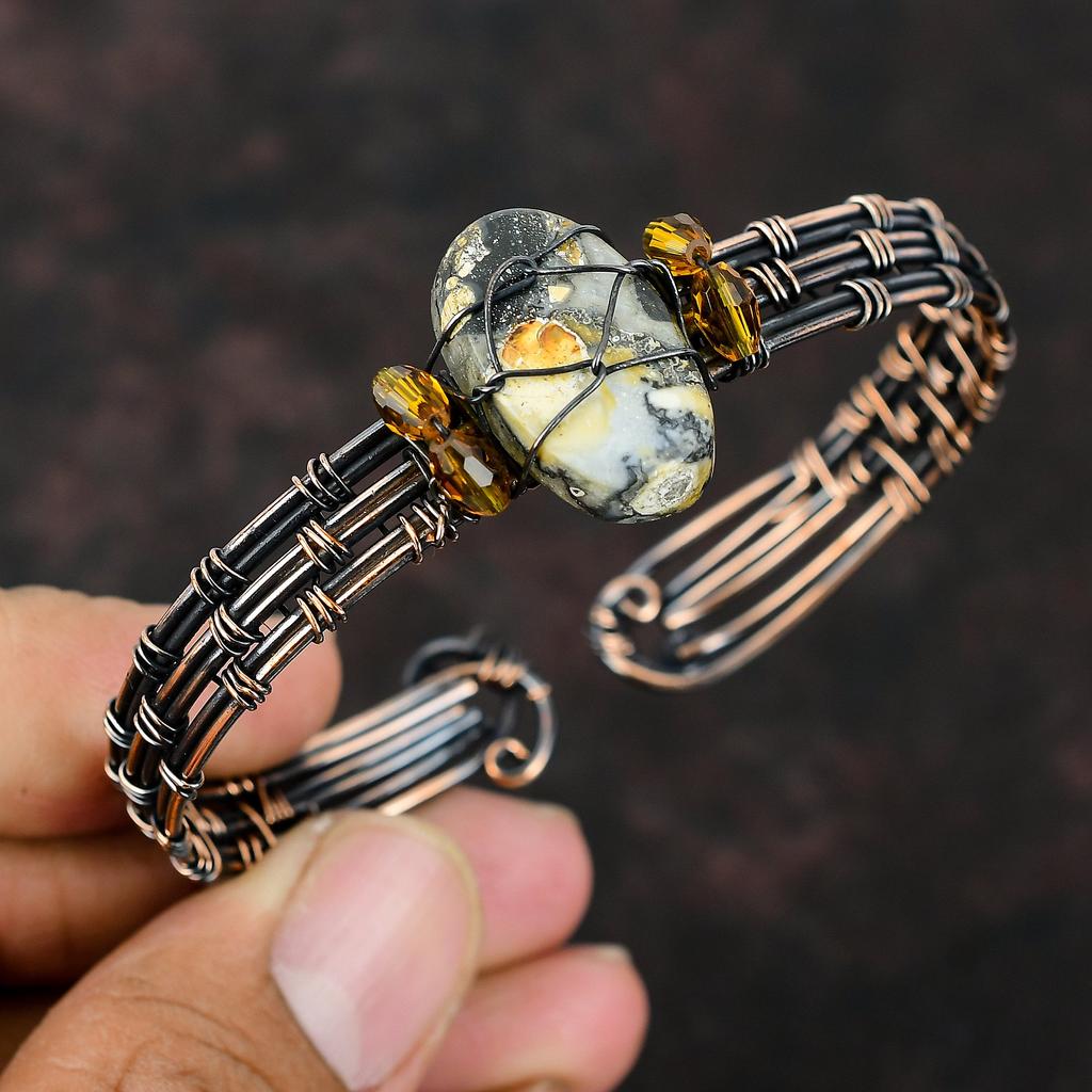 Браслет-манжета из яшмы Малигано, браслет с бусинами цитрина, браслет из медной проволоки, обернутый камнем, регулируемый браслет, браслет ручной работы, обернутый проволокой