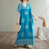 2025 Summer Plus Size Dress Women Casual Vintage Cotton Dress Basic Printing Long V-Neck Loose Dress