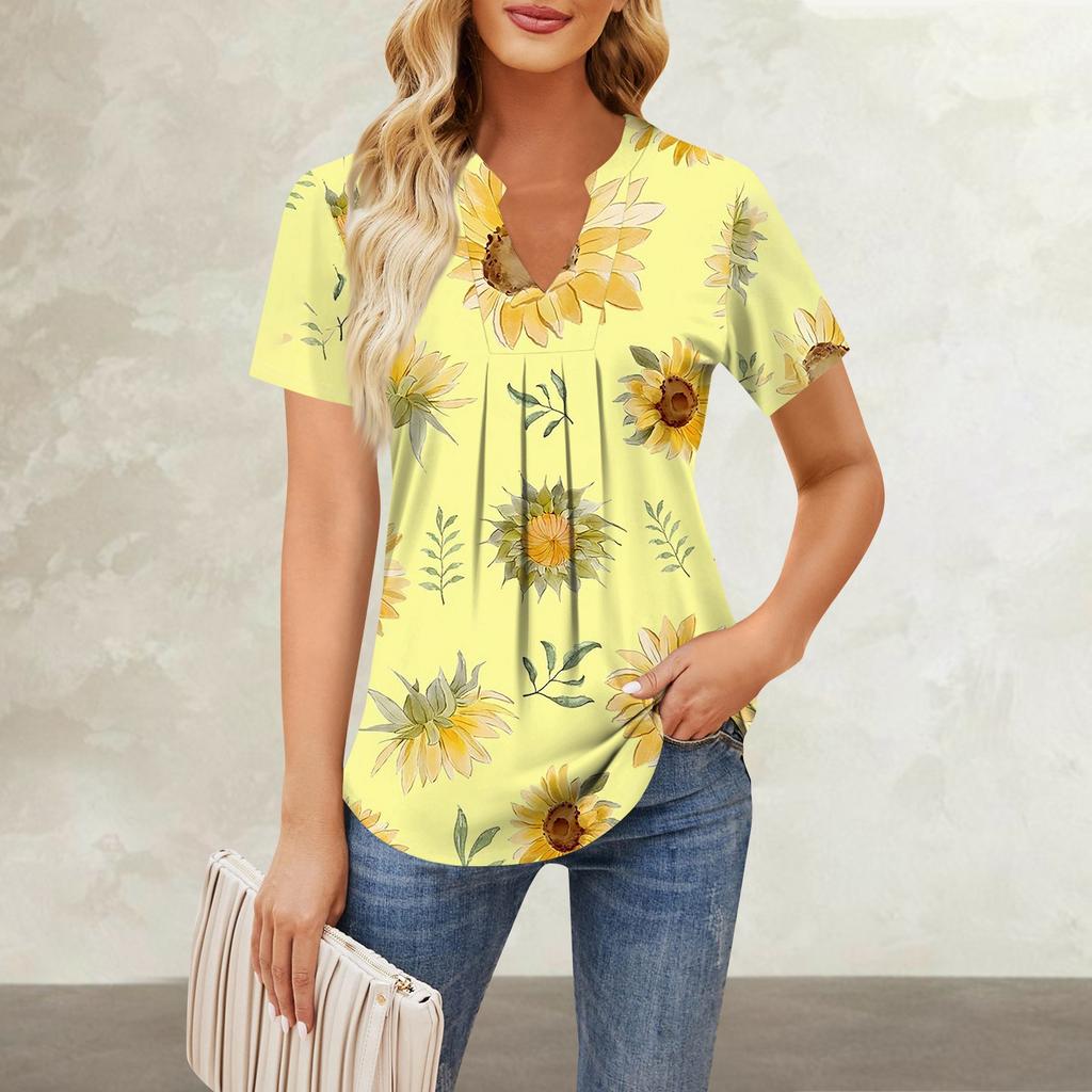Women's Short Sleeve Casual V-neck Chest Pleated Printed Loose T-shirt Top